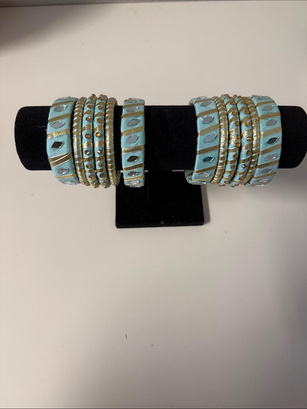 Handmade bridal Light Blue and Gold Women's Bangle Bracelet 12 piece Set